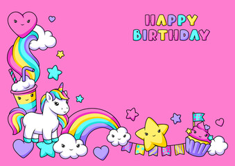 Background with unicorn. Happy birthday party invitation.