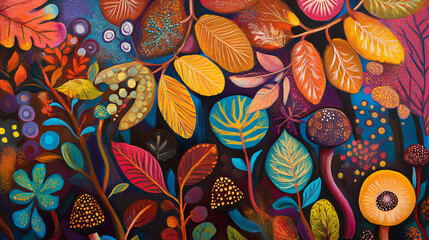 Vibrant Botanical Art: Whimsical, Nature-Inspired Floral Patterns with Bright Colors and Textured Designs