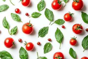 Fresh Tomatoes and Basil Leaves Flat Lay on White Background