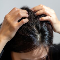 Obraz premium Close-up of Asian woman checking her hair for dandruff or scalp issues under bright light.
