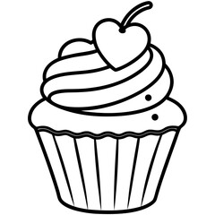 Charming Cupcake with Heart Swirl Line Art