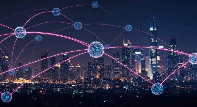 Night Cityscape Illuminated Digital Network Connections Futuristic Smart City Technology