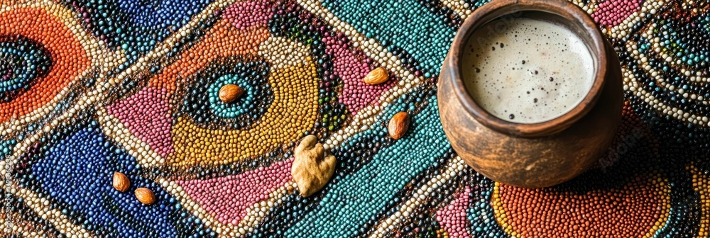 Aufkleber drink in clay pot on colorful patterned surface with scattered beans.