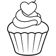 Charming Cupcake with Heart Swirl Line Art