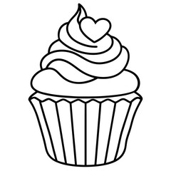 Charming Cupcake with Heart Swirl Line Art