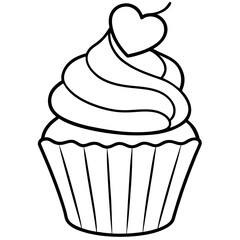 Charming Cupcake with Heart Swirl Line Art