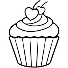 Charming Cupcake with Heart Swirl Line Art