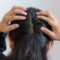 Obraz premium Woman with black hair massaging her scalp.