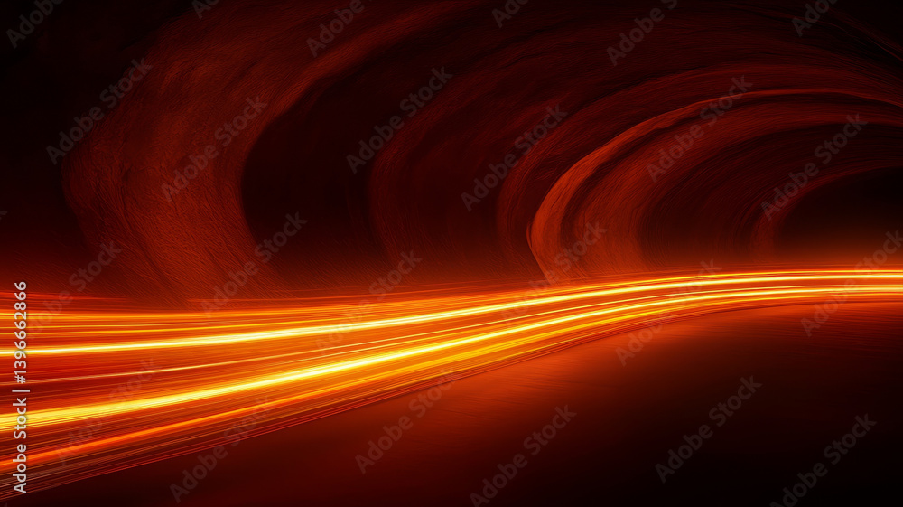 Poster dynamic scene of glowing light trails in dark tunnel creates sense of speed and motion