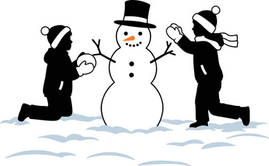 Vector silhouette of children building a snowman – winter outdoor fun and holiday season activity