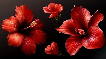 Lush Red Hibiscus Blooms Tropical Floral Design Elements.