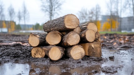 Stacked logs in muddy ground.  Autumnal scene