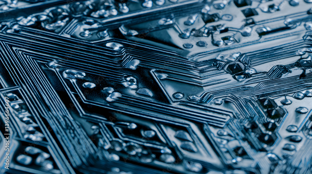 Poster close-up view of intricate circuit board design with shiny metallic surface and complex patterns sho