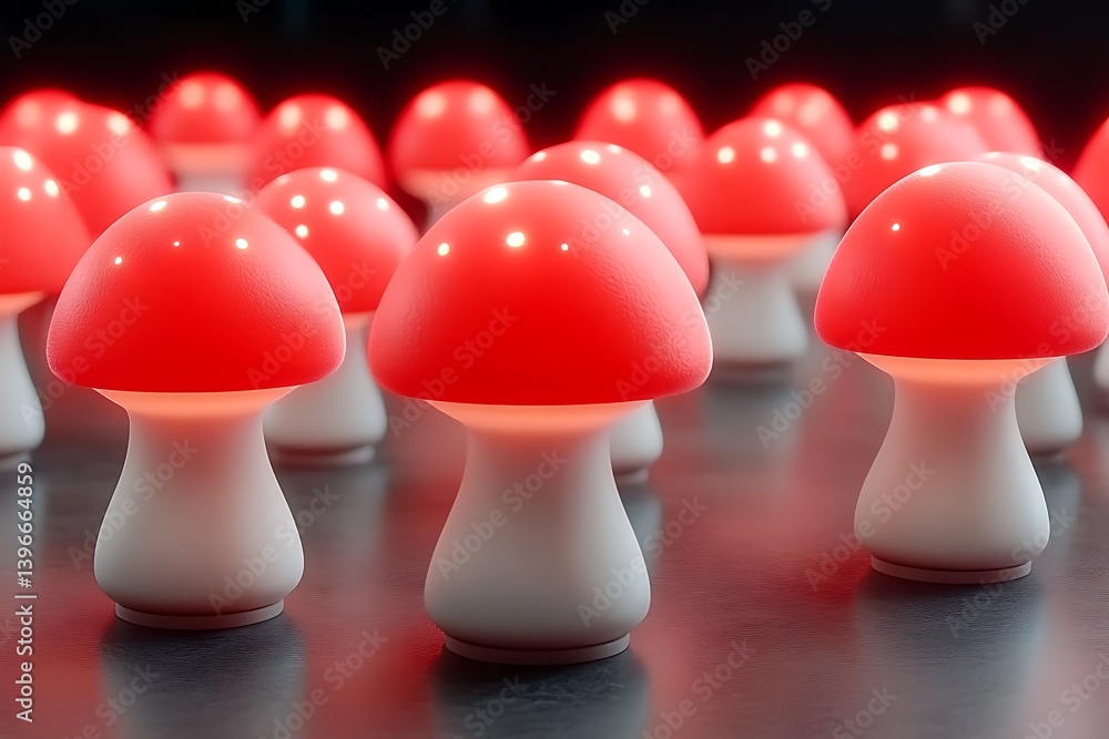 Poster several glowing red mushrooms stand clustered closely together in a field