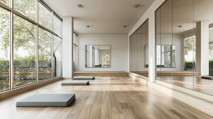 Fototapeta premium A minimalist gym space with large mirrors, wooden floors, and a bright atmosphere.