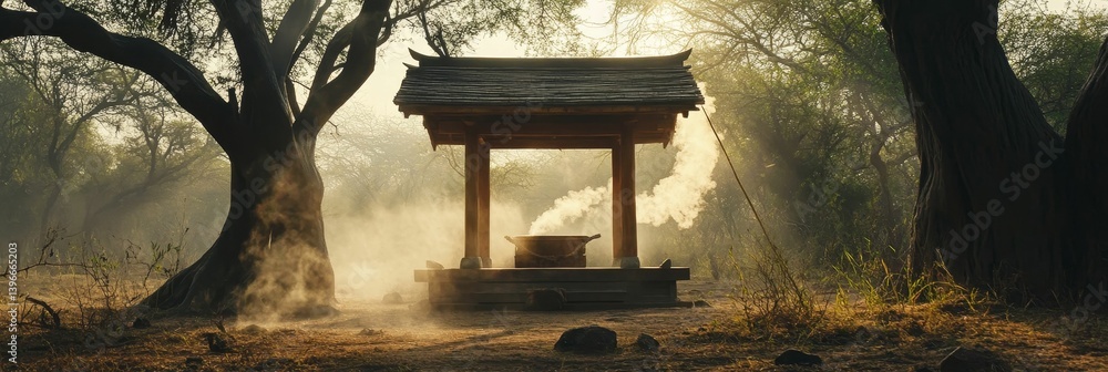 Poster well structure stands in a forest clearing with trees and sunlight.
