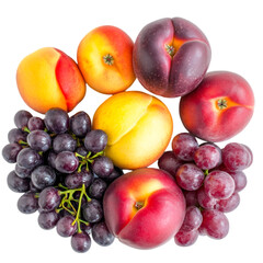 Fresh Fruit Mix on White Background with Grapes and Berries. Fruit mix on a white and transparent background, with grapes and blueberries, lemon, strawberry, orange, apple, and banana, PNG cutout.	