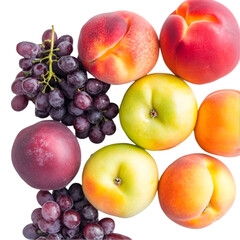 Fresh Fruit Mix on White Background with Grapes and Berries. Fruit mix on a white and transparent background, with grapes and blueberries, lemon, strawberry, orange, apple, and banana, PNG cutout.	