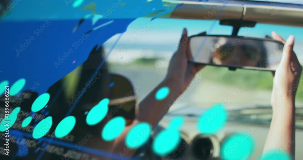 Poster adjusting rearview mirror, hands with digital animation of data and blue dots
