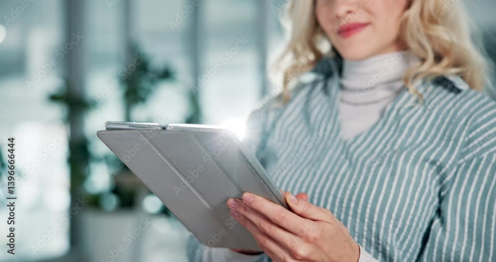 Aufkleber computer, office and business woman on tablet for research, kpi report and website search. company c