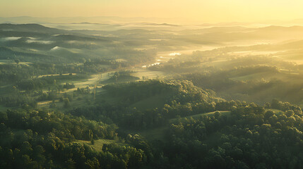 Early view of Rolling green hills - Warm and cozy sunrise scenery
