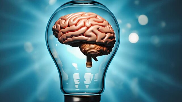 Creative 3D illustration of human brain inside light bulb on glowing blue background, symbolizing intelligence, creative thinking, innovation, education, smart ideas, and modern science concepts.