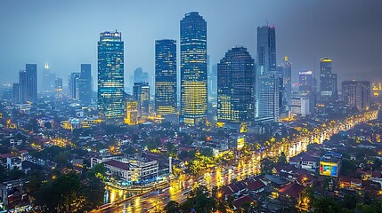 Aerial view of a vibrant city skyline at dusk, illuminated skyscrapers reflecting on wet streets