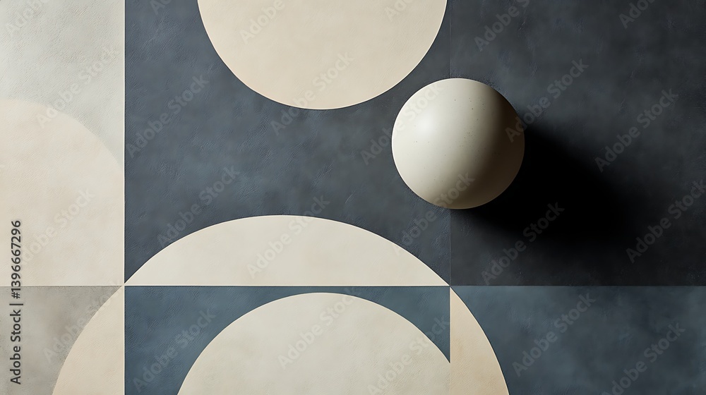 Poster abstract geometric composition featuring a sphere on a textured surface with circular patterns