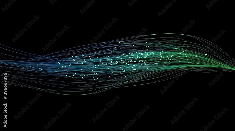 Poster abstract representation of flowing particles in a dark background, illustrating motion and energy
