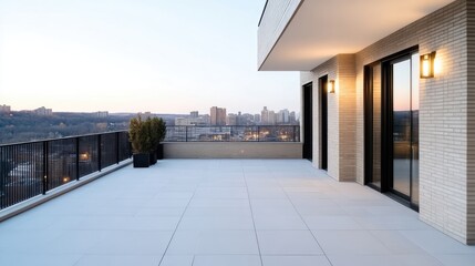 Modern penthouse rooftop terrace overlooking cityscape