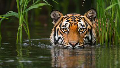 Bengal tiger emerges from the water, its striped face and piercing eyes visible amidst green reeds