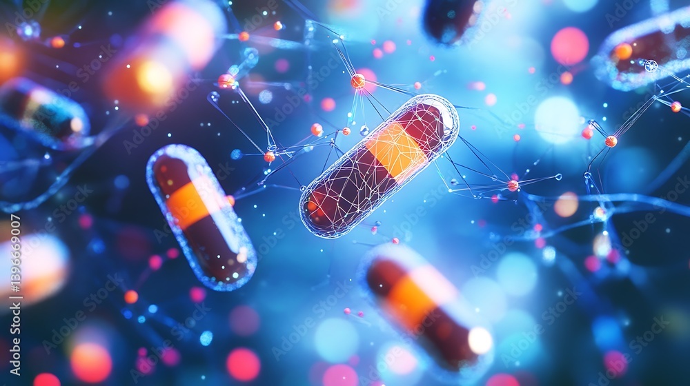 Aufkleber abstract representation of colorful capsules floating in a digital space with interconnected nodes