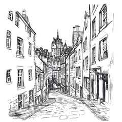 Sketch of a quaint cobblestone street in a historic European town, featuring traditional architecture and a distant castle.