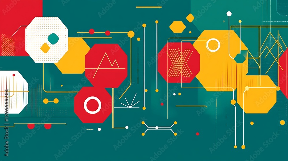 Poster abstract geometric design featuring colorful shapes and lines on a teal background, ideal for tech v