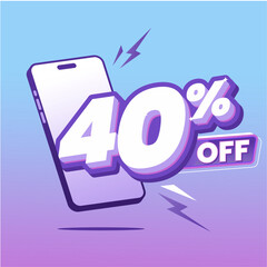 3D Banner with Smartphone Icon Featuring 40% Off on Gradient Blue and Purple Background