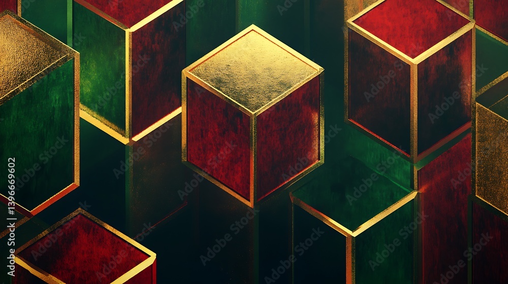 Poster abstract arrangement of colorful cubes with golden edges, creating a vibrant geometric pattern