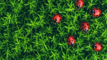 Obraz premium Vibrant red ladybugs crawl across a dense carpet of lush green foliage, creating a striking natural pattern