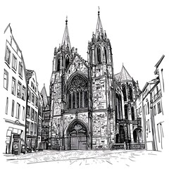 Gothic church architectural sketch, city street scene.