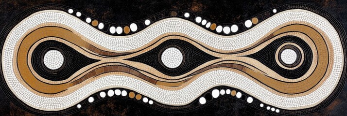 Abstract artwork featuring connected teardrop shapes with white circles on a dark background.