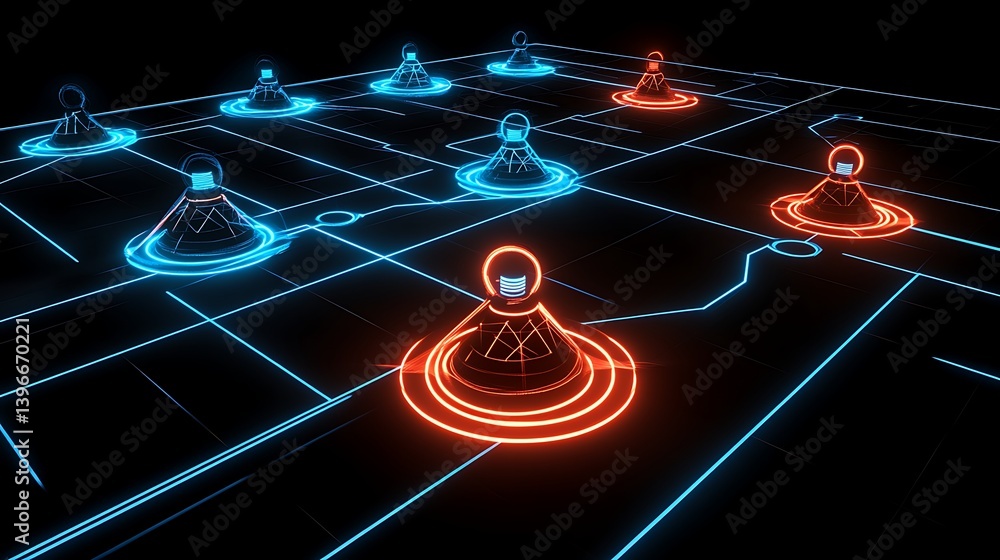 Poster futuristic digital network with glowing nodes connected by neon lines on a dark background