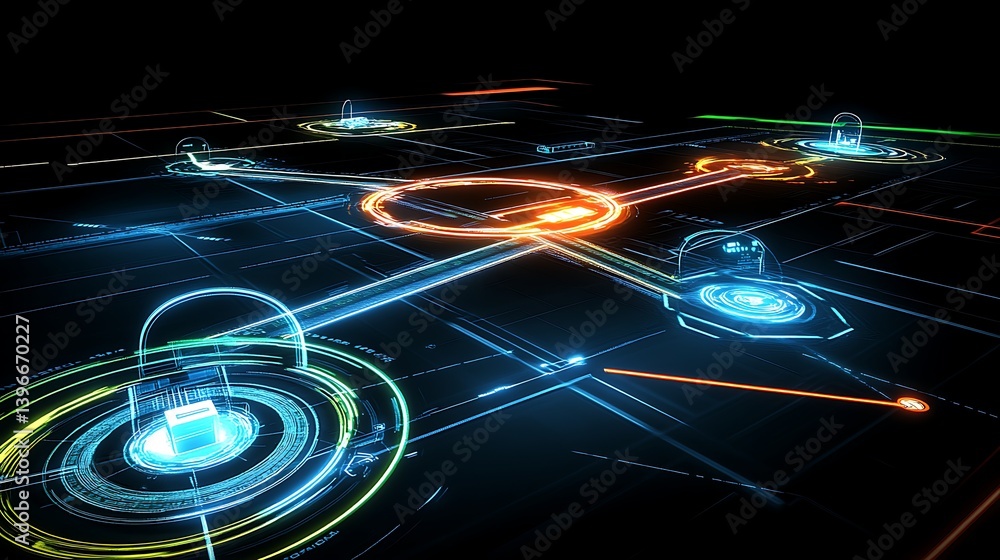 Poster futuristic digital network visualization with glowing pathways and nodes, symbolizing connectivity