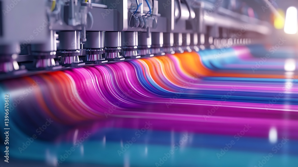 Poster vibrant ink flowing through a high-tech printing machine, showcasing colorful patterns in production