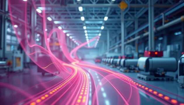 Abstract flowing lines depict automated factory process; seamless workflow, clean industrial design, manufacturing, graphic