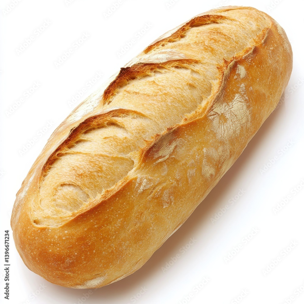 Poster freshly baked sourdough bread loaf with golden crust and rustic texture on white background