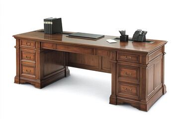 Antique Wooden Office Desk with Cabinet, Drawers, and Vintage Chair