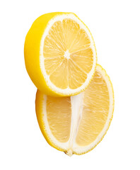 Front view of ripe yellow lemon fruit in  ellipse half and circle slice in stack isolated with...