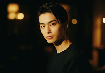 ムーディーな照明に包まれた若い日本人男性のポートレート