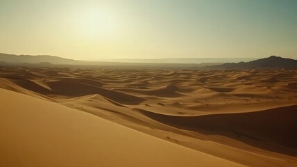 Fototapeta premium Expansive Golden Sand Desert Landscape with Soft Lighting and Undulating Dunes in a Scenic Panoramic View Under a Clear Sky