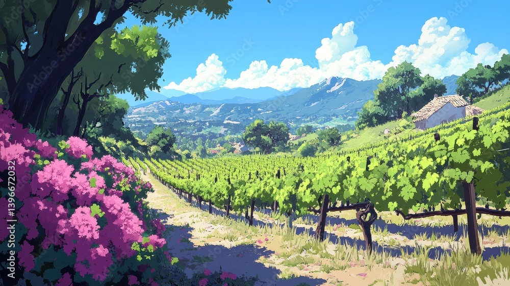 Poster a lush vineyard stretching across a gentle hillside under a bright blue sky with fluffy clouds, show