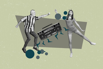 Pop collage of people dancing with boom box recorder on green color background